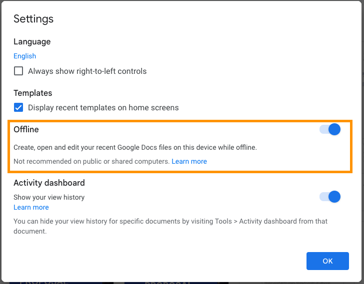 google docs offline toggle