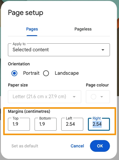 google doc page margins settings