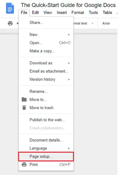 google docs page setup menu