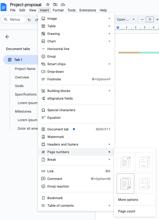 google docs adding page numbers