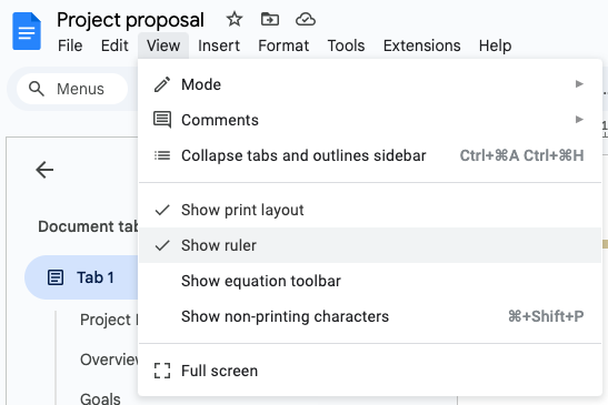 google docs show ruler menu