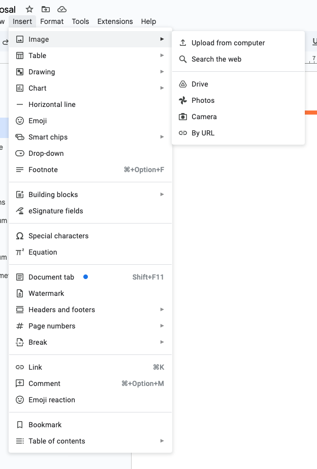 google docs insert image menu