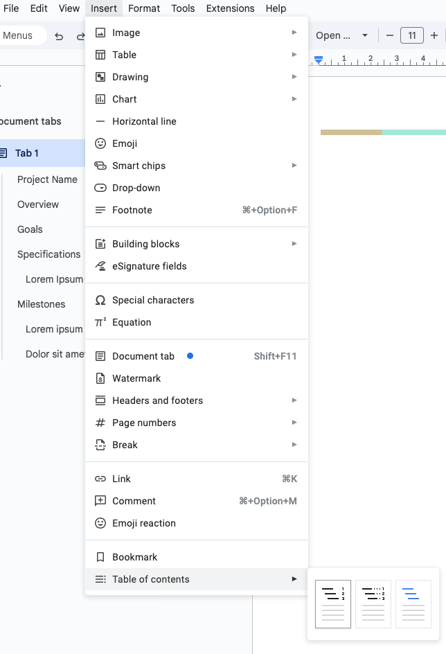 google docs inserting a table of contents