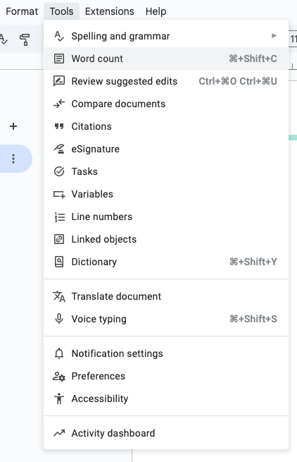 google docs word count menu