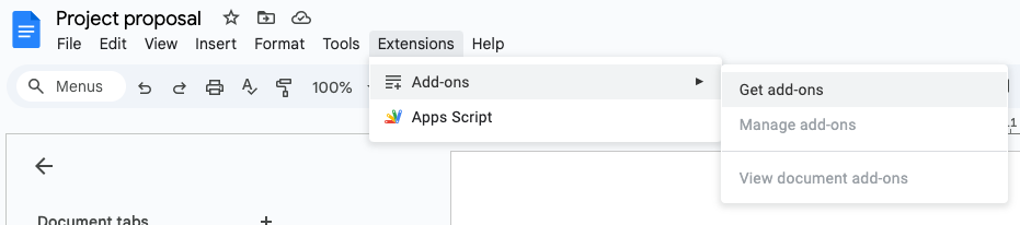 google docs get add ons menu