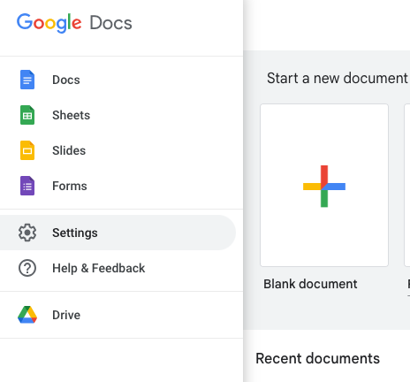 google docs menu settings