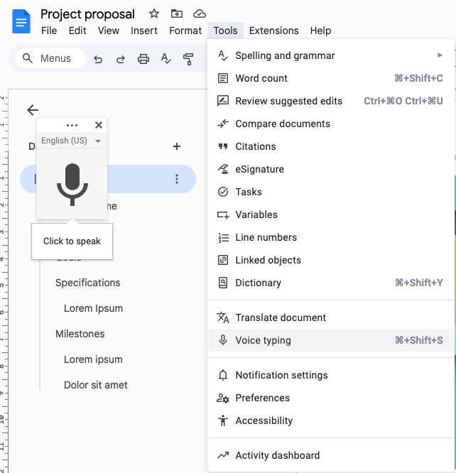 google docs voice typing