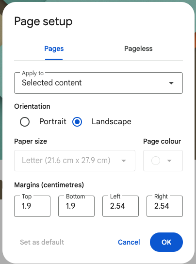 google docs page setup orientation