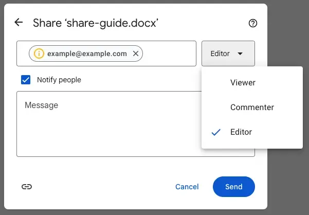 google docs sharing via email permissions